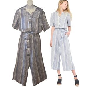 GAP Striped Blue Linen Mix Cropped Wide Leg Jumpsuit Size Large